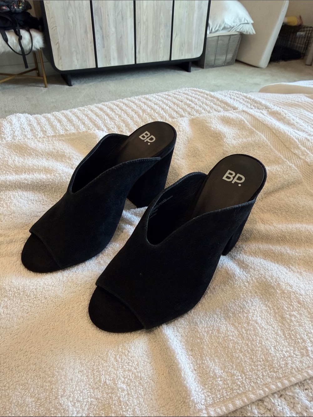 bp Black Suede Peep-Toe Block Heel Mules